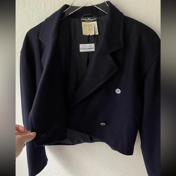 RARE Vintage Ferragamo Cropped Boxy Jacket Blazer Double Breasted S Small Blue - Picture 4 of 7